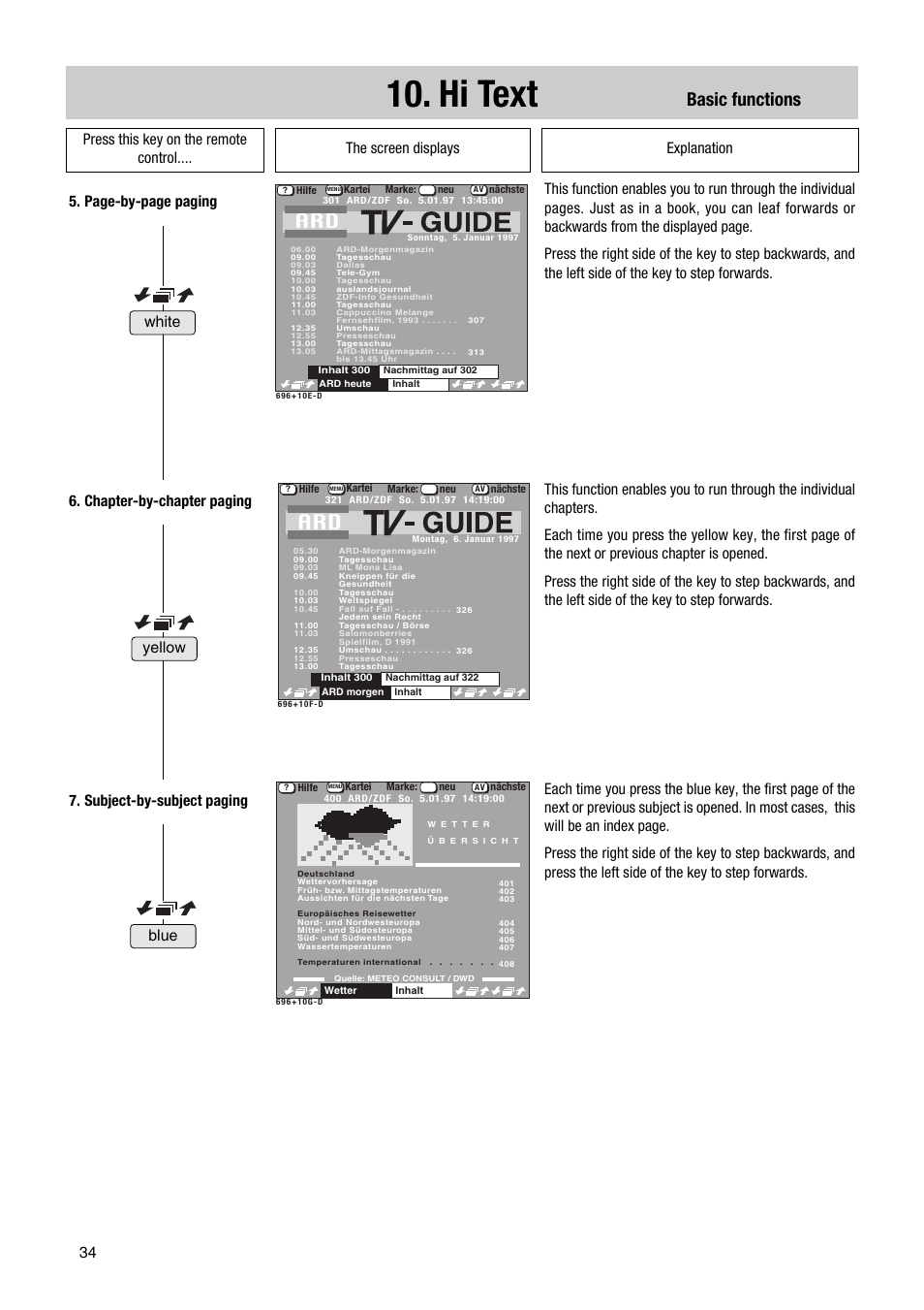 Hi text, Basic functions, Yellow blue white | Metz Astral MF PIP 72TF81 User Manual | Page 34 / 68