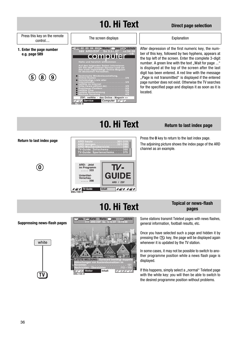 Hi text, Computer, Direct page selection return to last index page | Topical or news-flash pages | Metz Astral MF PIP 72TF81 User Manual | Page 36 / 68