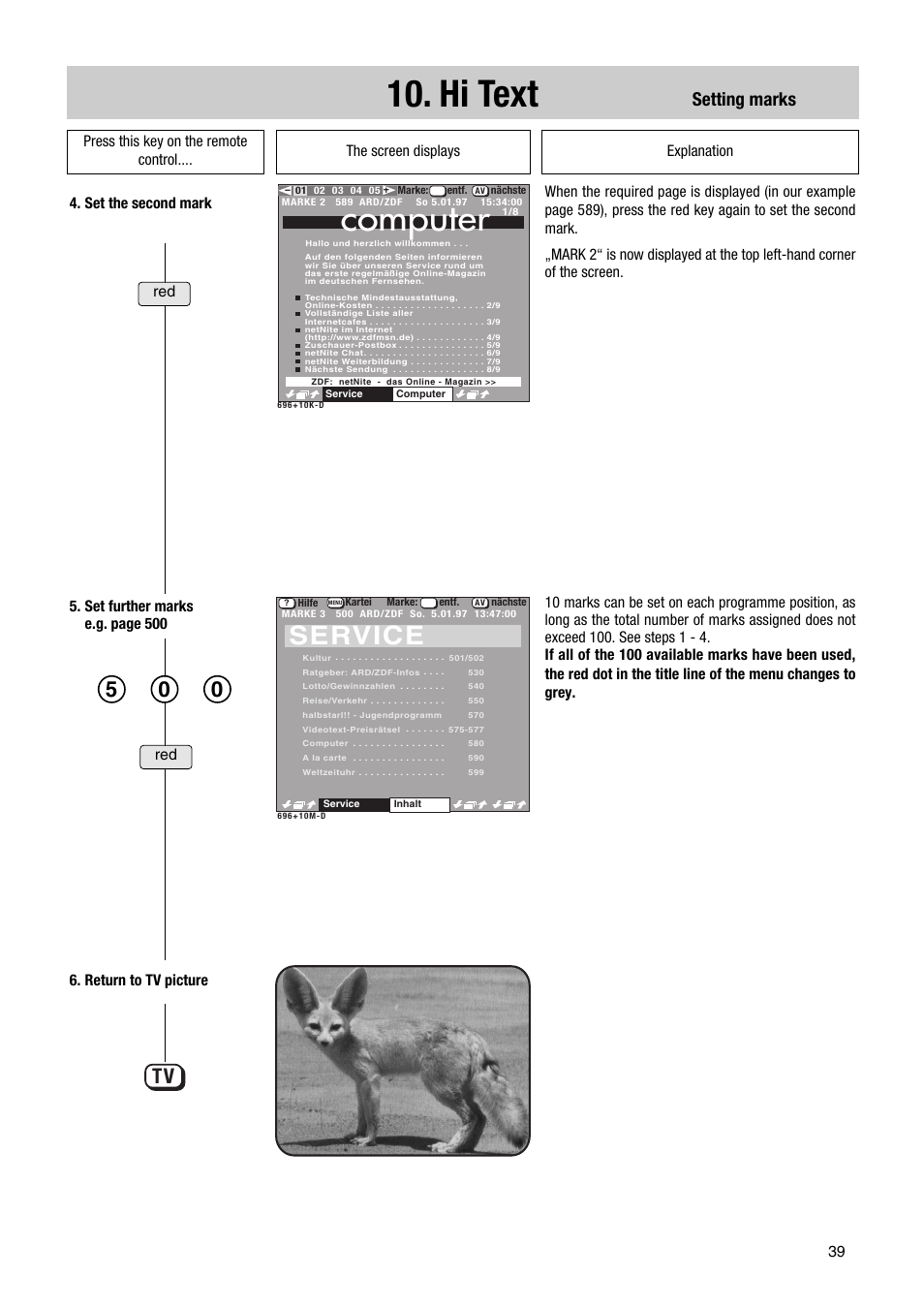 Hi text, Computer, Service | Setting marks | Metz Astral MF PIP 72TF81 User Manual | Page 39 / 68