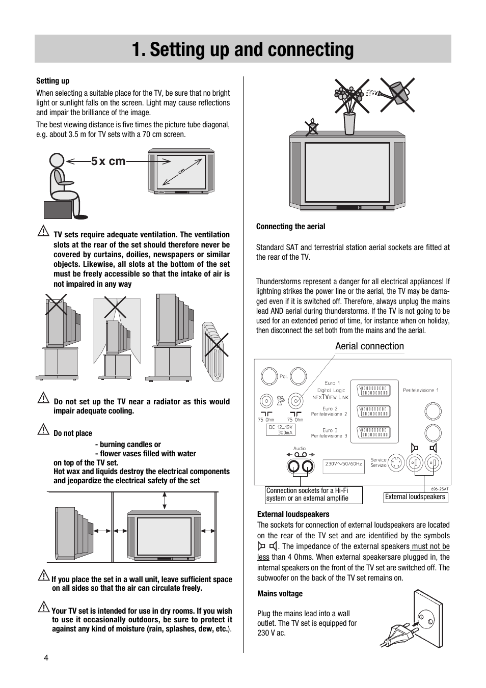 Setting up and connecting, 5 x cm, Aerial connection | Metz Astral MF PIP 72TF81 User Manual | Page 4 / 68