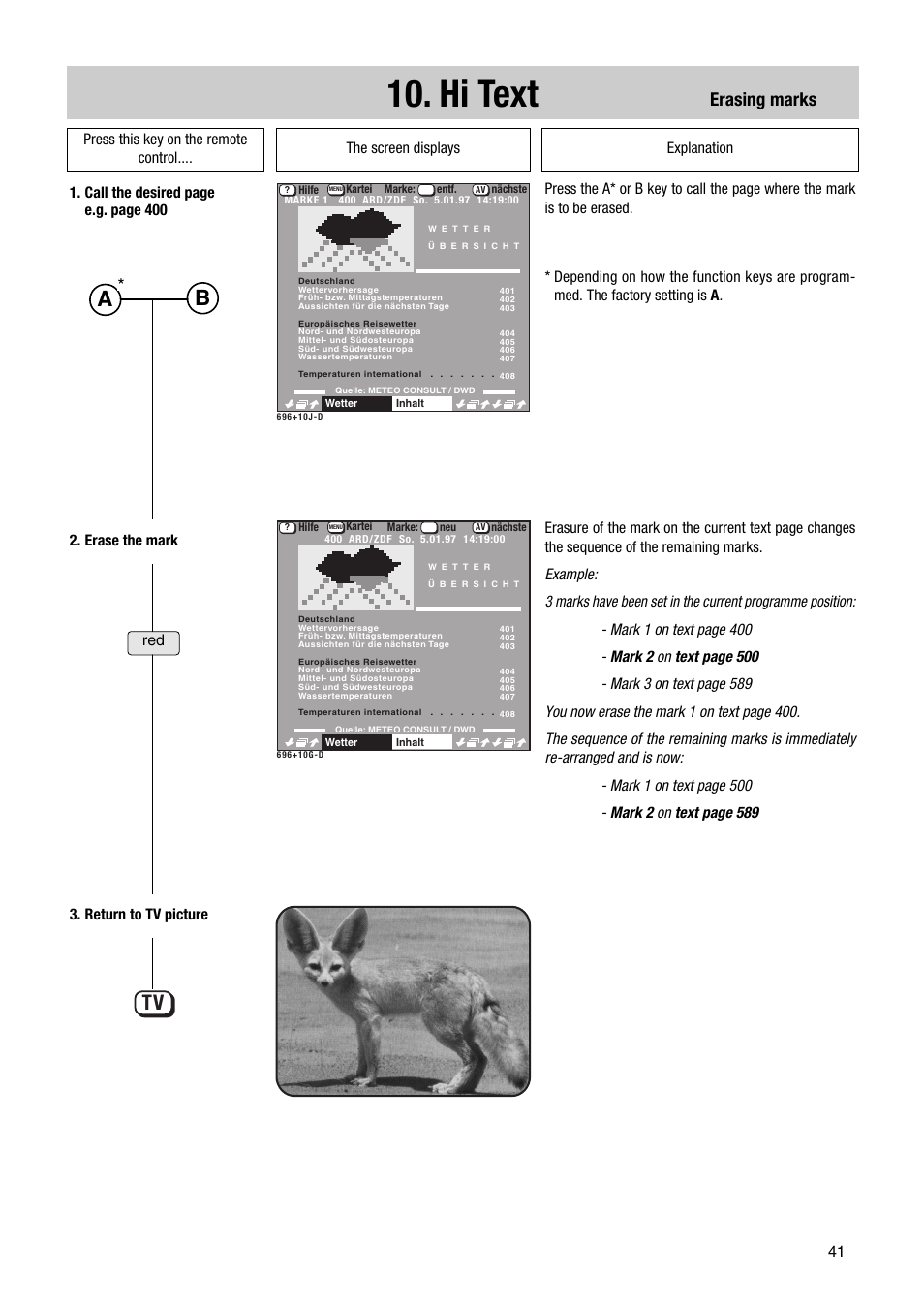 Hi text, Erasing marks | Metz Astral MF PIP 72TF81 User Manual | Page 41 / 68