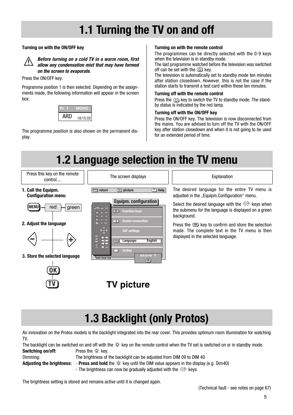 1 turning the tv on and off, 3 backlight (only protos), 2 language selection in the tv menu | Tv picture, Ok tv | Metz Astral MF PIP 72TF81 User Manual | Page 5 / 68