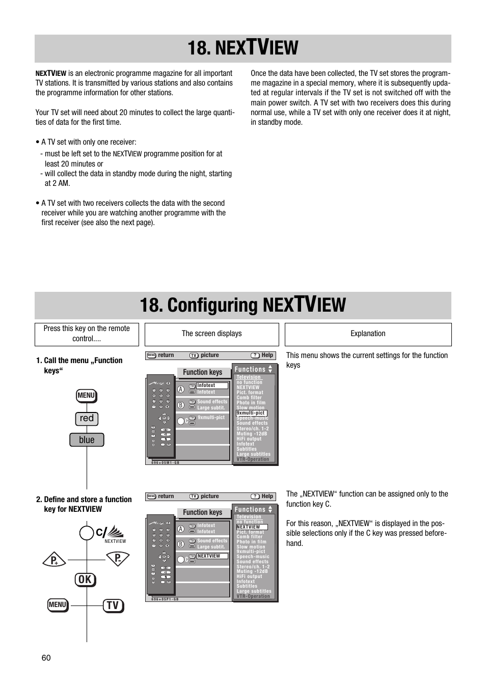 Configuring nex, Iew 18. nex, Red blue | Function keys, Define and store a function key for nextview | Metz Astral MF PIP 72TF81 User Manual | Page 60 / 68