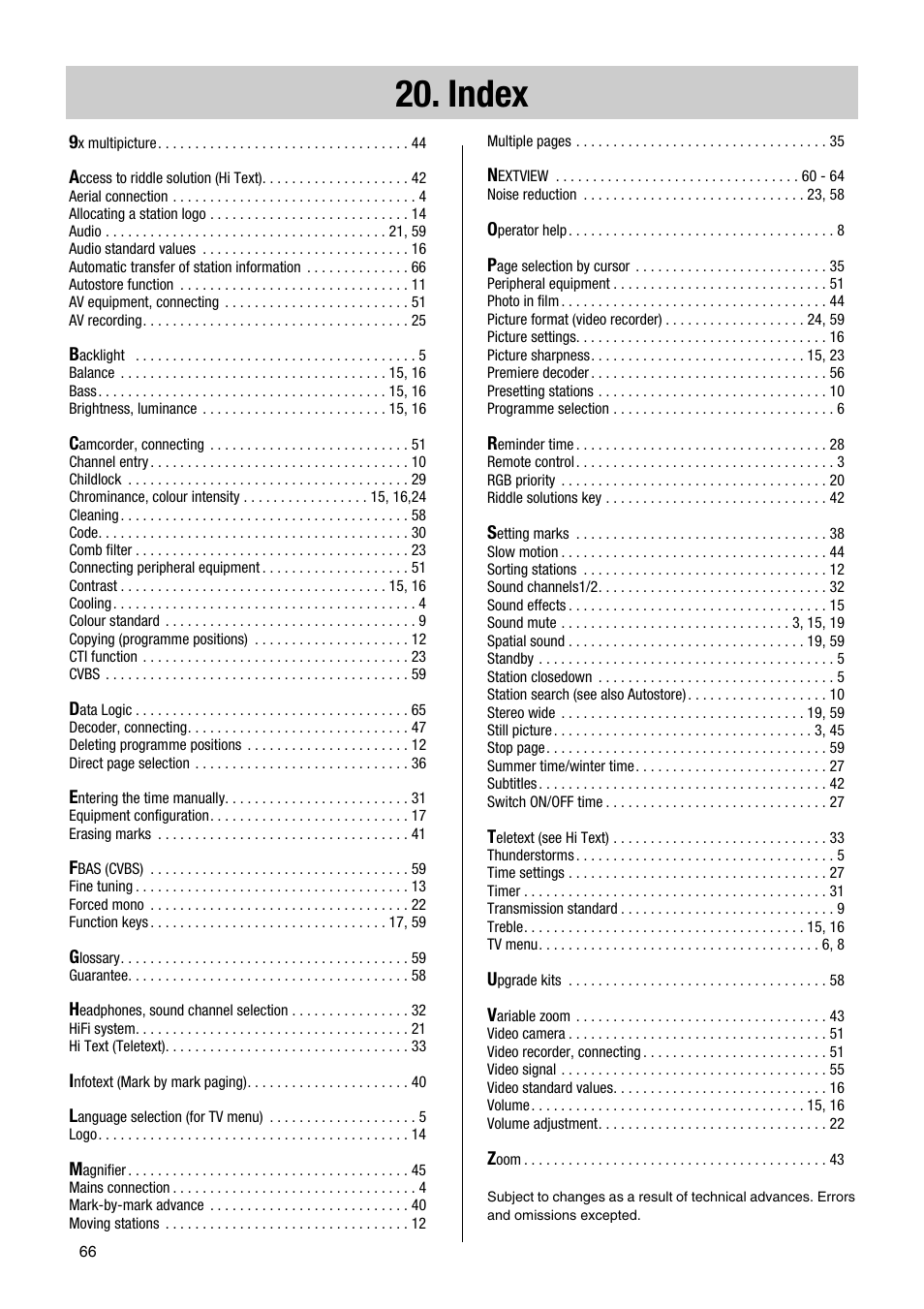 Index | Metz Astral MF PIP 72TF81 User Manual | Page 66 / 68