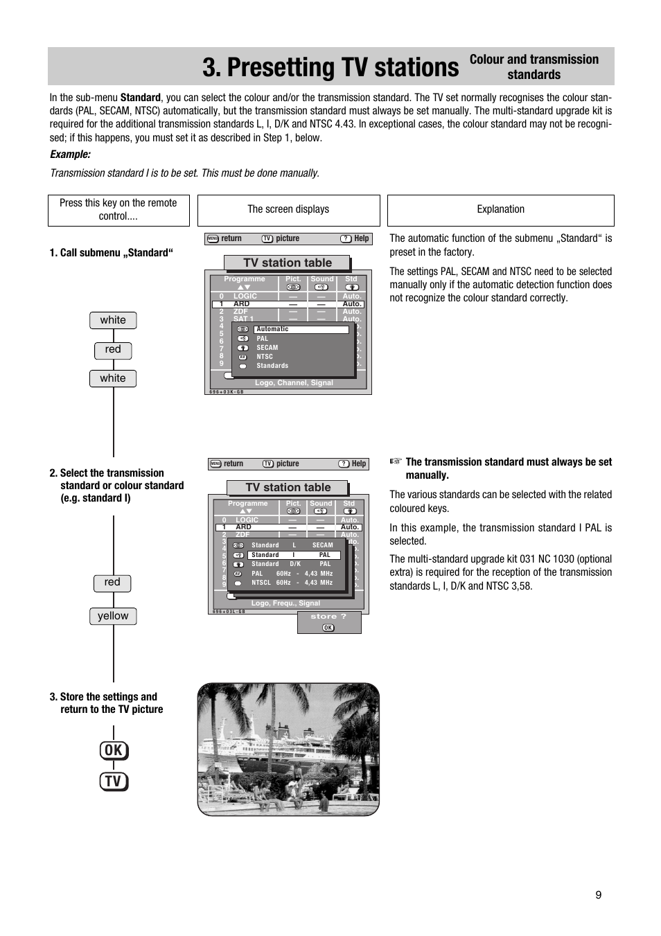 Presetting tv stations, Ok tv, Colour and transmission standards | Tv station table | Metz Astral MF PIP 72TF81 User Manual | Page 9 / 68