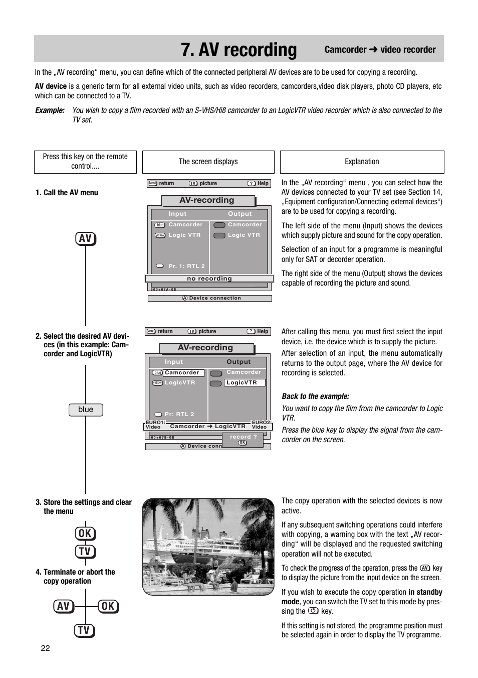 Av recording, Av tv tv ok ok, Camcorder ➜ video recorder | Metz Ibiza SF 63TG62 User Manual | Page 22 / 54