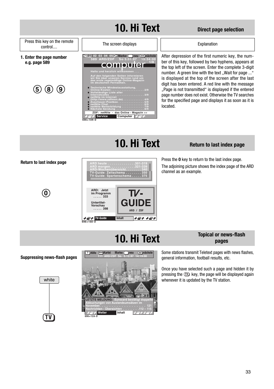 Hi text, Computer, Direct page selection return to last index page | Topical or news-flash pages | Metz Ibiza SF 63TG62 User Manual | Page 33 / 54