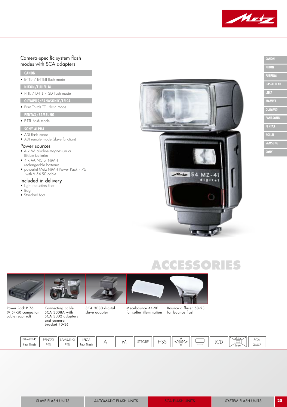 Accessories, Power sources, Included in delivery | Metz Camera Flash Light User Manual | Page 25 / 48