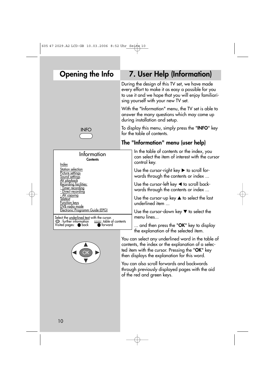 User help (information), Opening the info, The "information" menu (user help) | Information | Metz Plasma-TV-Set User Manual | Page 10 / 110