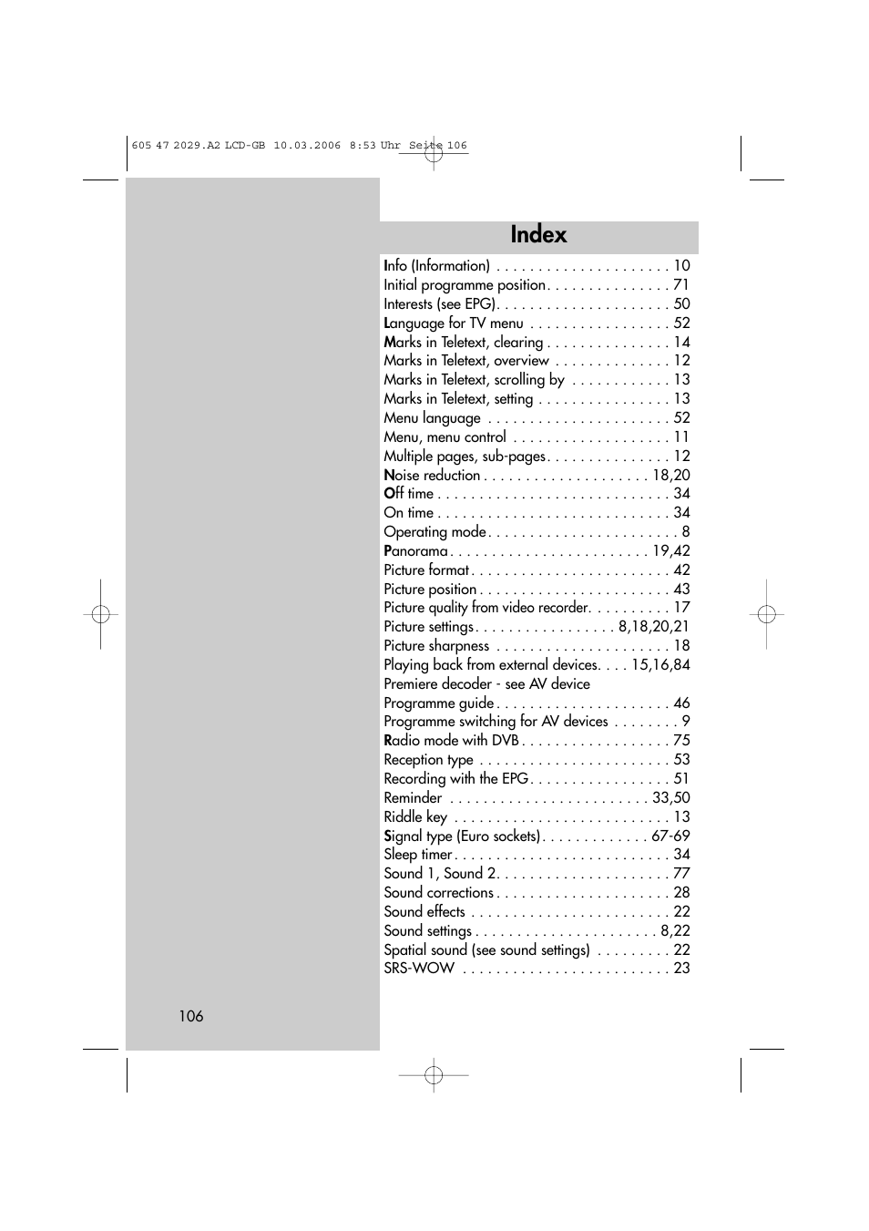 Index | Metz Plasma-TV-Set User Manual | Page 106 / 110