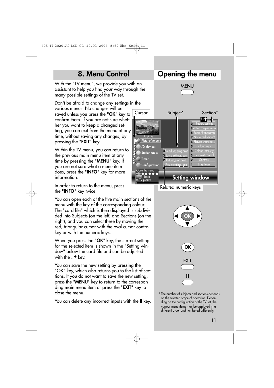 Menu control opening the menu, Setting window | Metz Plasma-TV-Set User Manual | Page 11 / 110