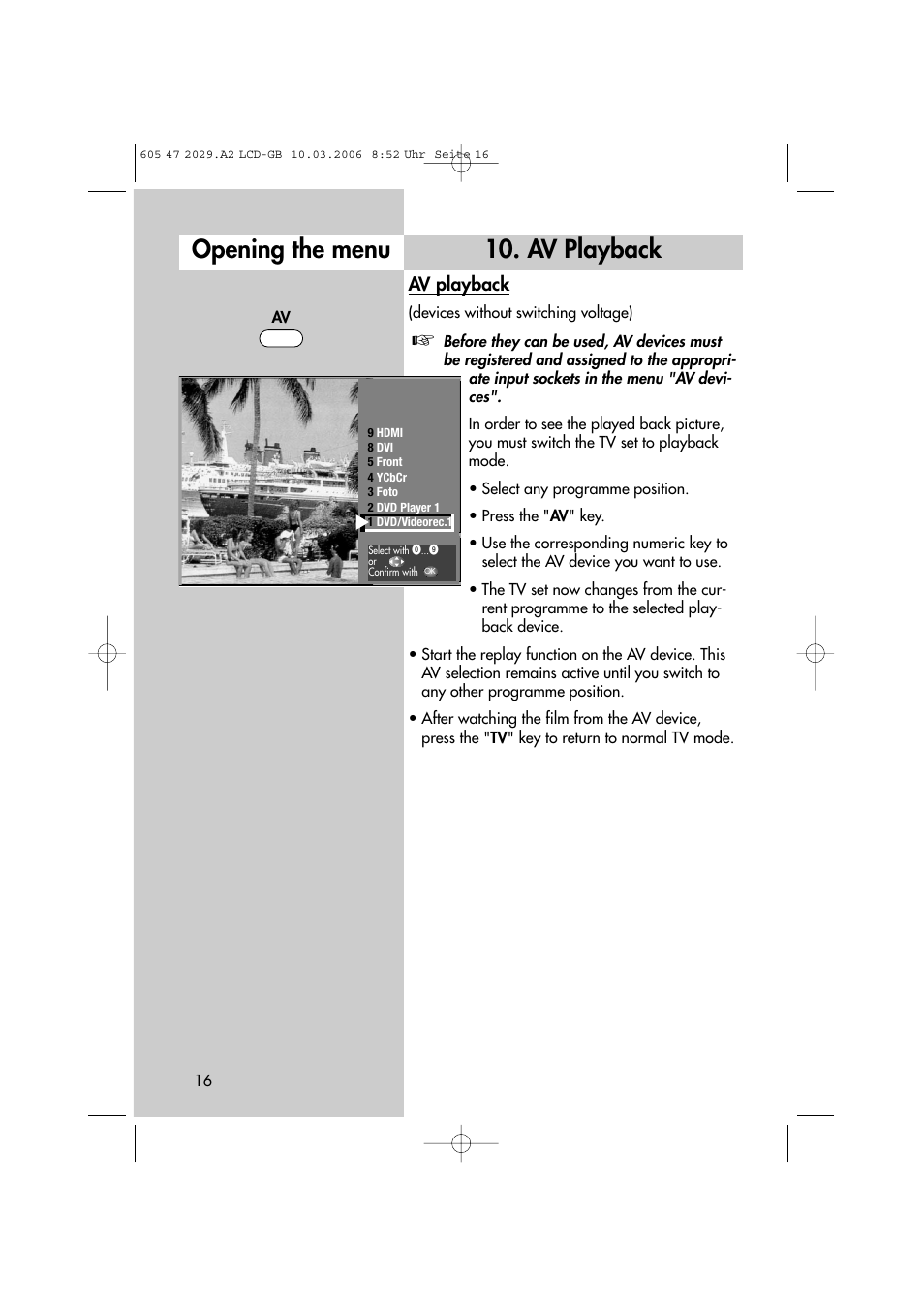 Av playback opening the menu, Av playback | Metz Plasma-TV-Set User Manual | Page 16 / 110