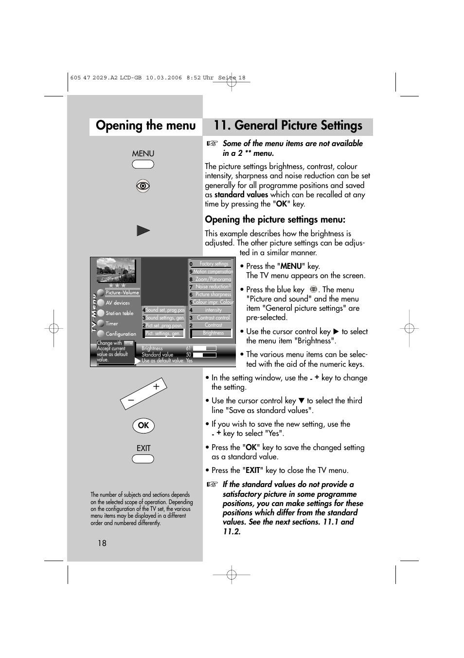 General picture settings, Opening the menu, Opening the picture settings menu | Metz Plasma-TV-Set User Manual | Page 18 / 110