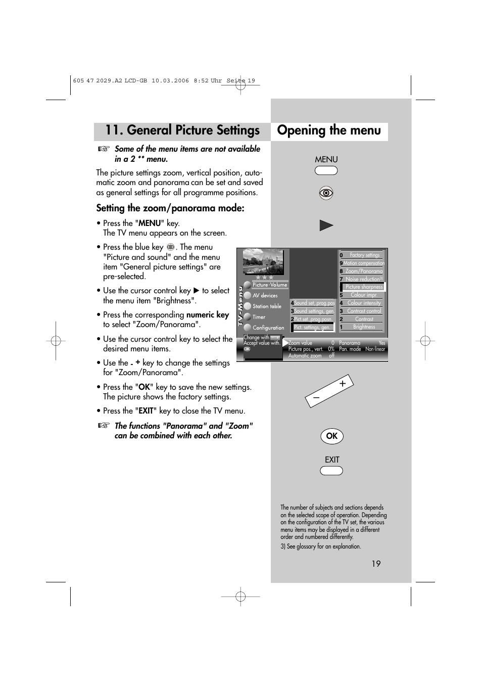 Opening the menu, General picture settings, Setting the zoom/panorama mode | Metz Plasma-TV-Set User Manual | Page 19 / 110