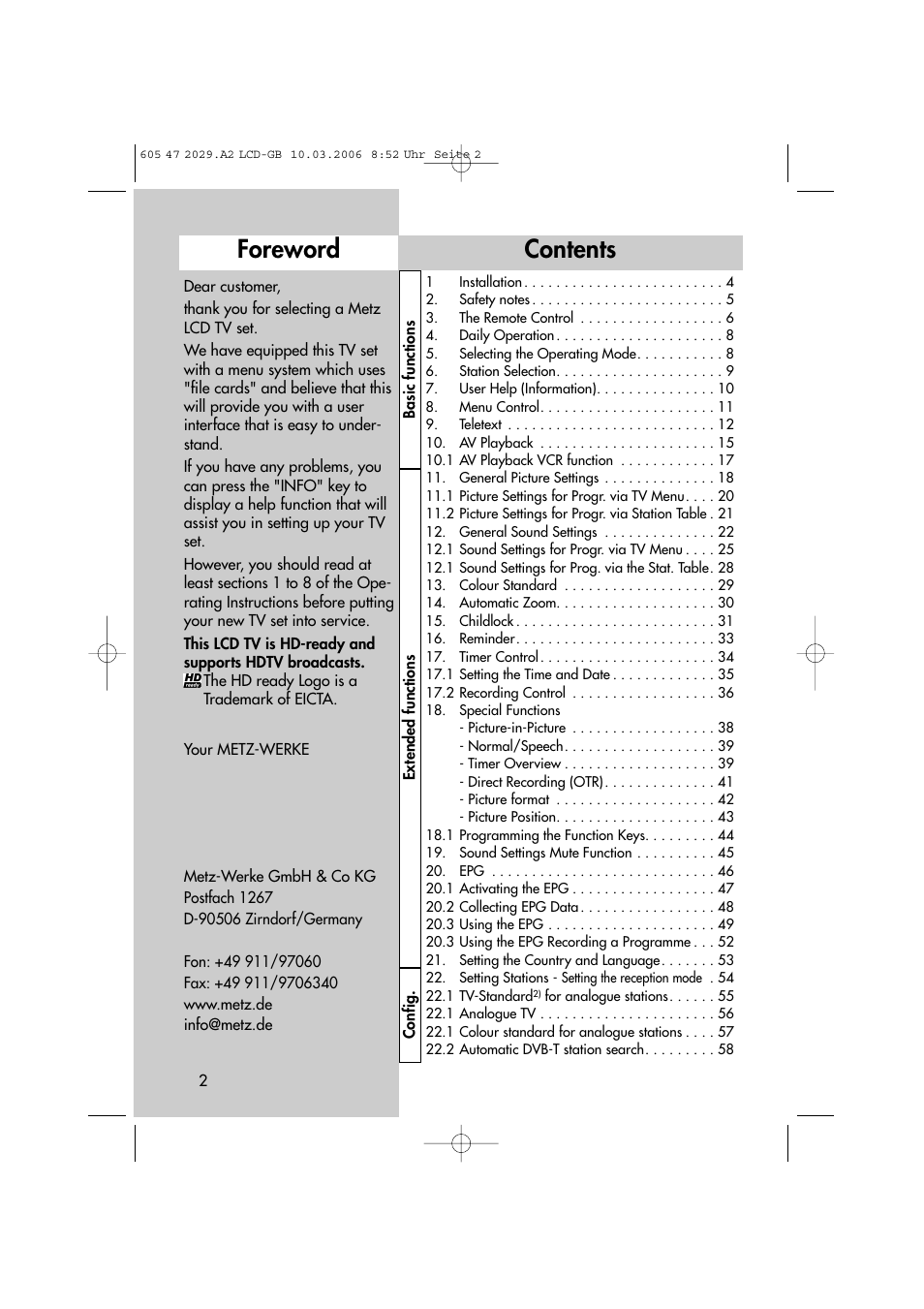 Metz Plasma-TV-Set User Manual | Page 2 / 110