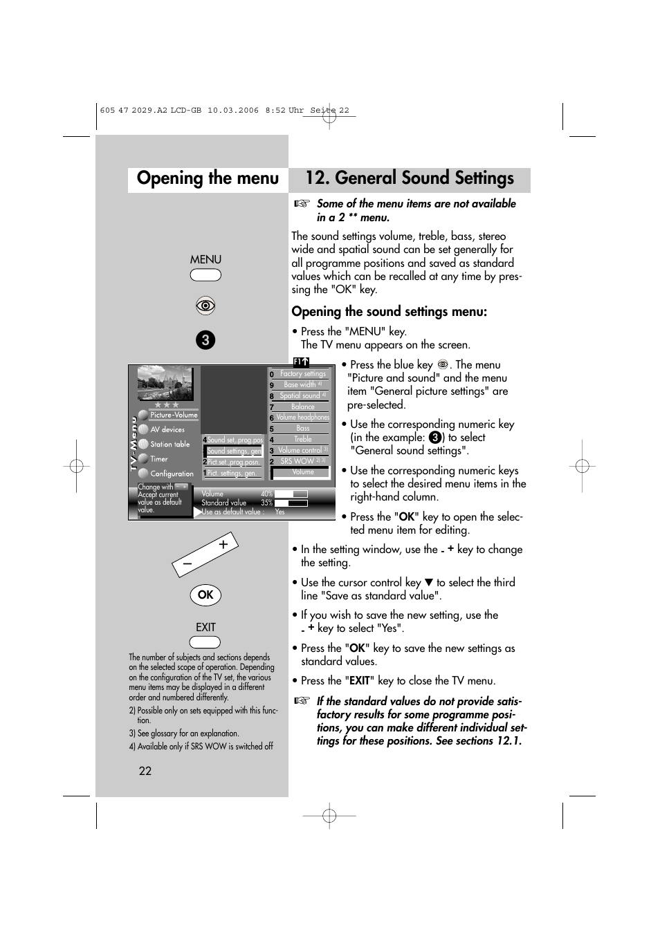 Opening the menu 12. general sound settings, Opening the sound settings menu | Metz Plasma-TV-Set User Manual | Page 22 / 110