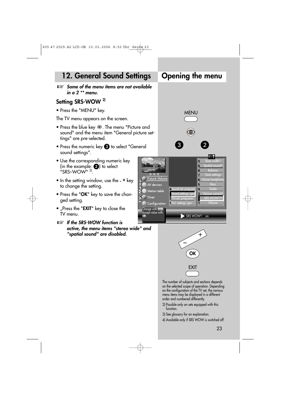 General sound settings, Opening the menu, Setting srs-wow | Metz Plasma-TV-Set User Manual | Page 23 / 110