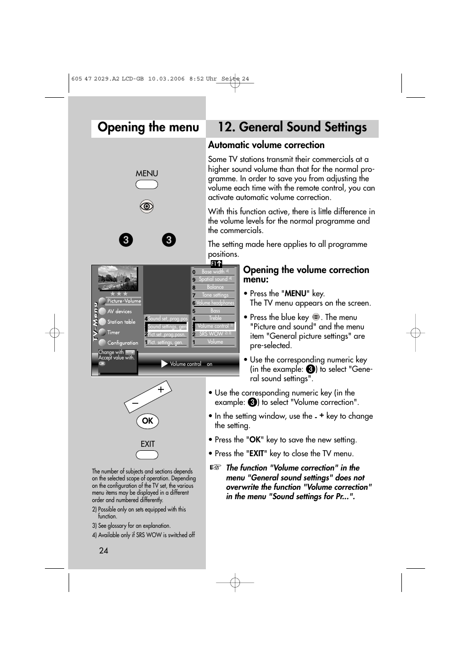 Opening the menu 12. general sound settings, Automatic volume correction, Opening the volume correction menu | Metz Plasma-TV-Set User Manual | Page 24 / 110