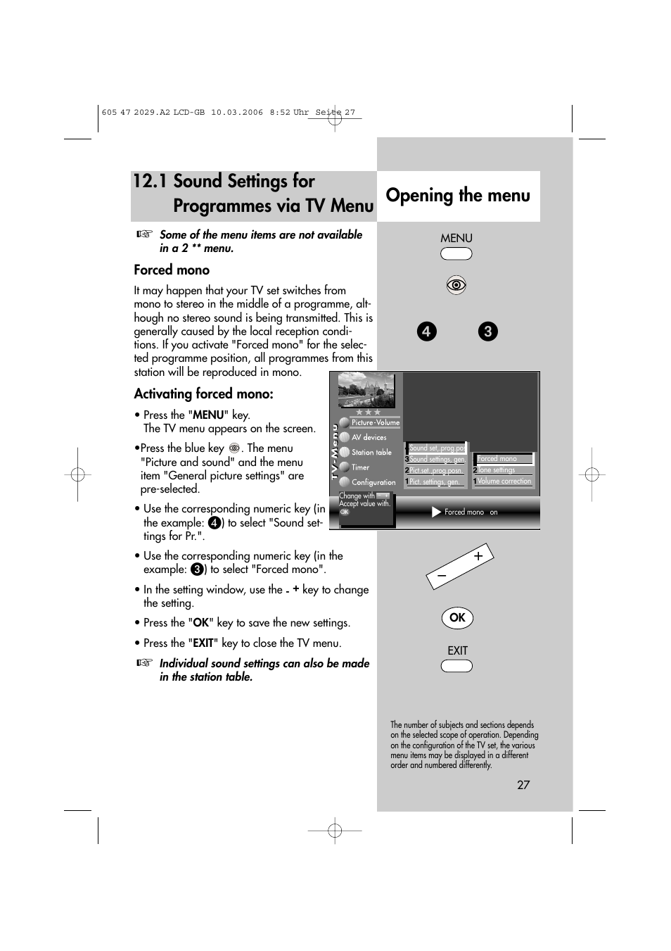 1 sound settings for programmes via tv menu, Opening the menu | Metz Plasma-TV-Set User Manual | Page 27 / 110