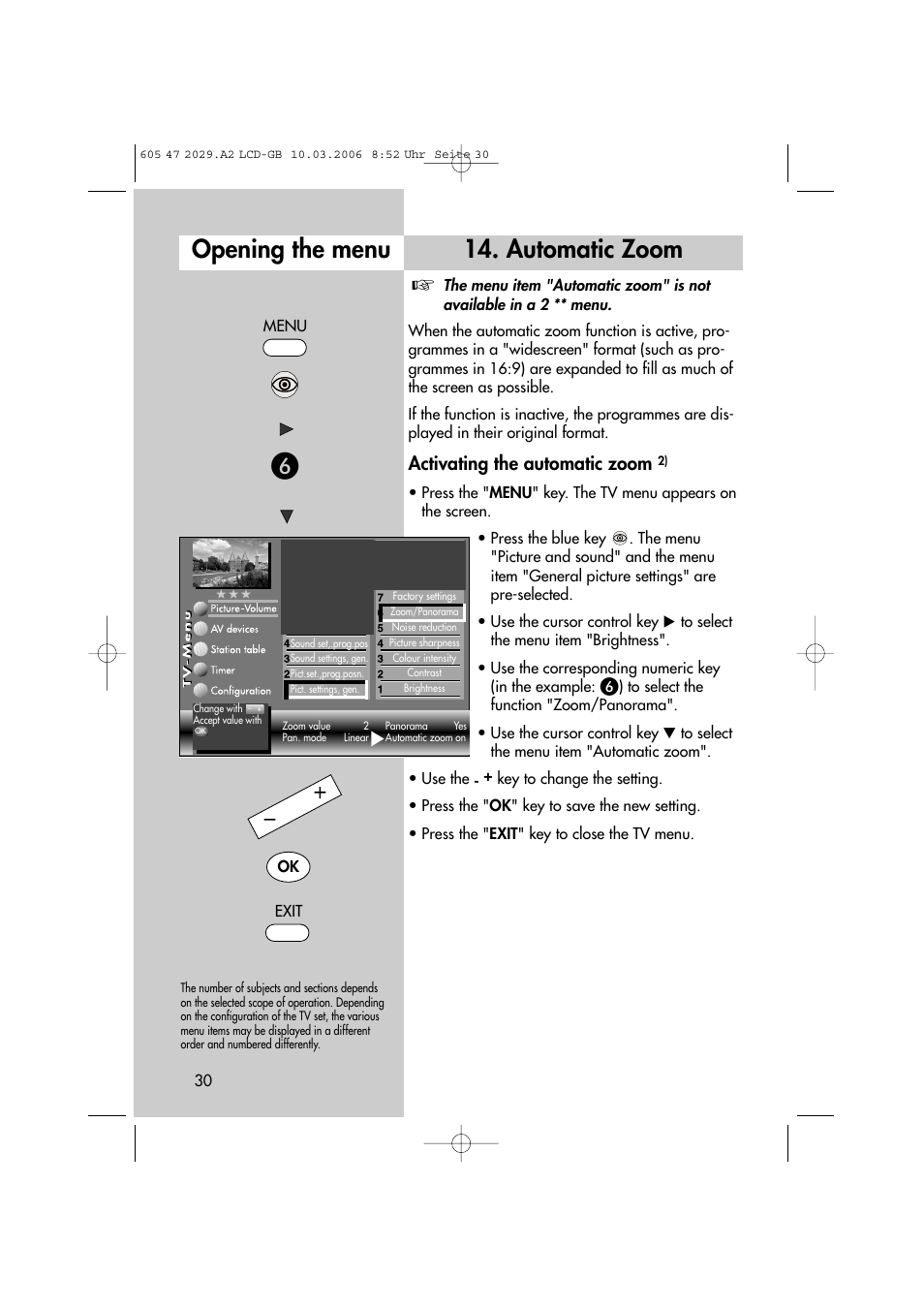 Opening the menu 14. automatic zoom, Activating the automatic zoom | Metz Plasma-TV-Set User Manual | Page 30 / 110