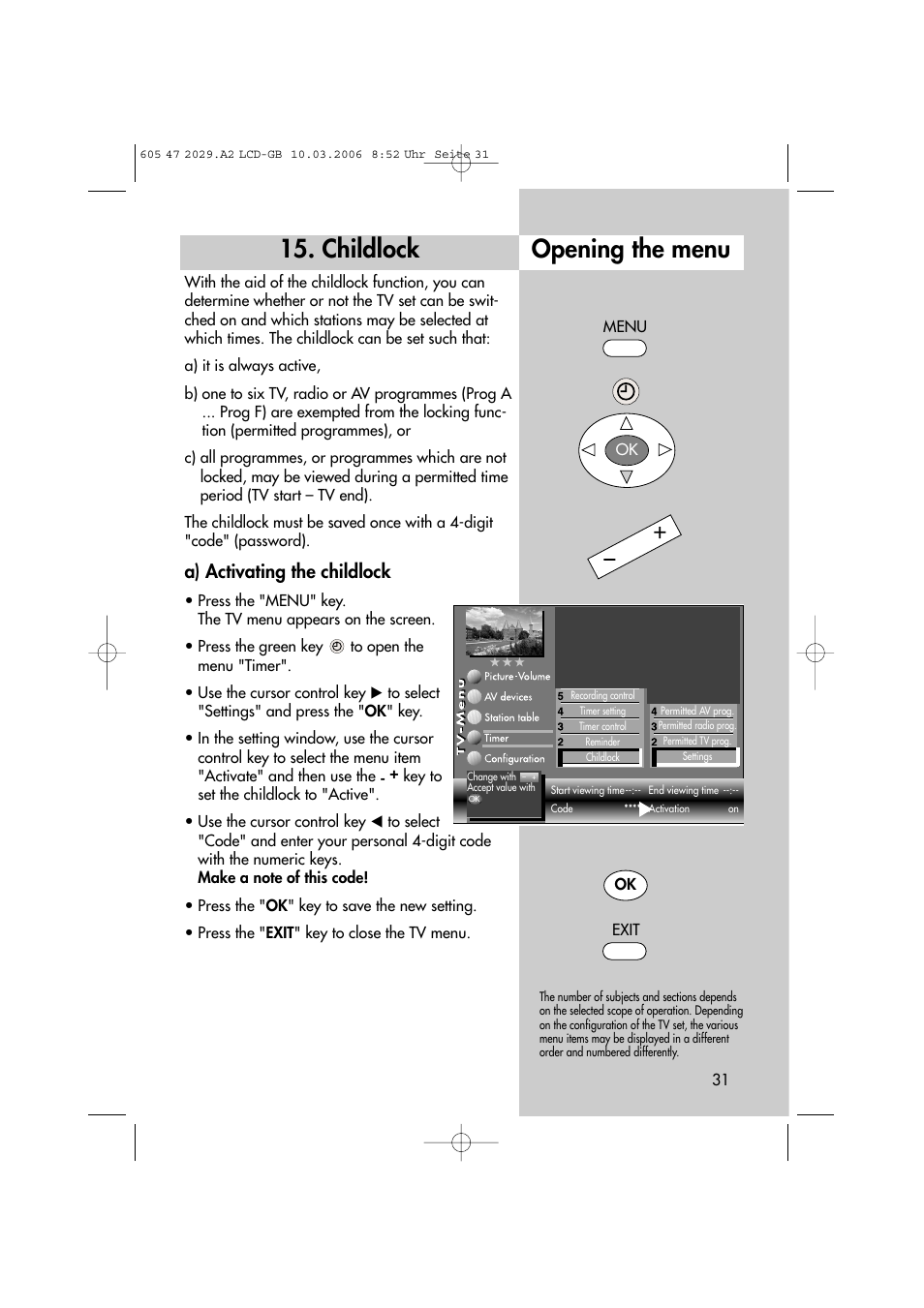 Opening the menu 15. childlock, A) activating the childlock | Metz Plasma-TV-Set User Manual | Page 31 / 110