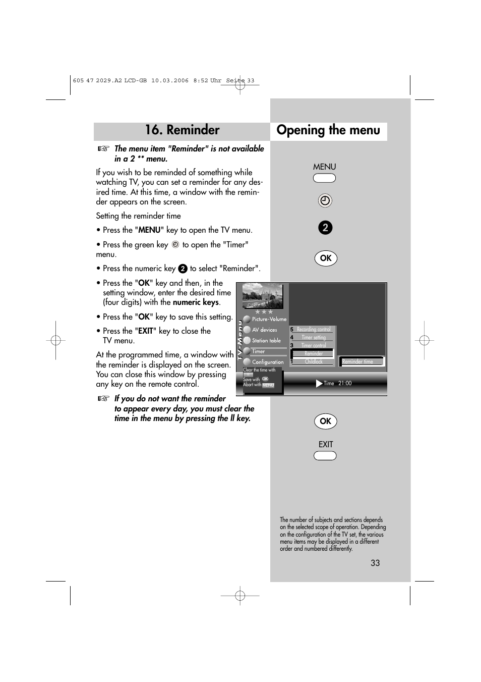 Reminder, Opening the menu | Metz Plasma-TV-Set User Manual | Page 33 / 110