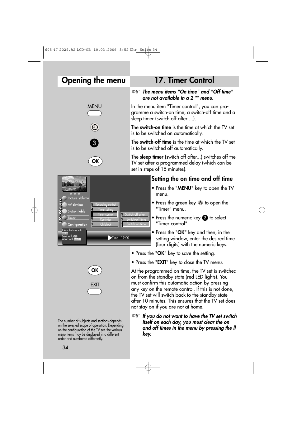 Timer control, Opening the menu, Setting the on time and off time | Metz Plasma-TV-Set User Manual | Page 34 / 110