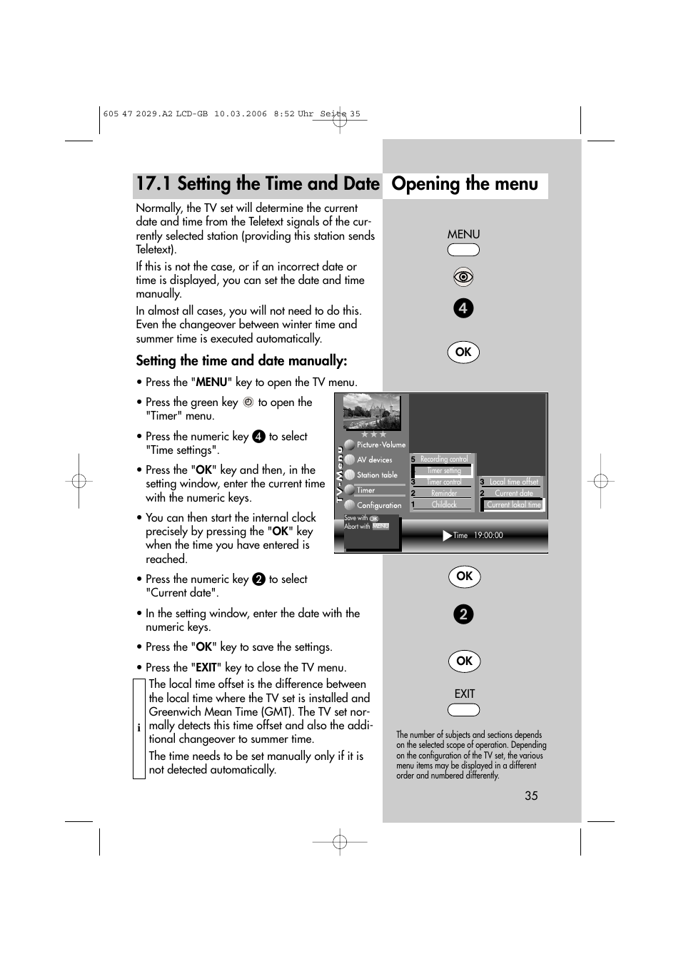 1 setting the time and date opening the menu, Setting the time and date manually | Metz Plasma-TV-Set User Manual | Page 35 / 110