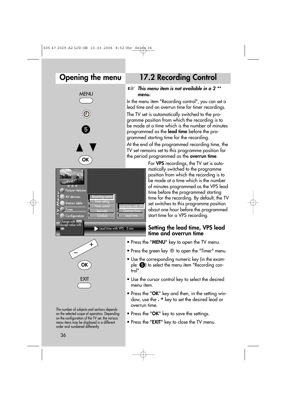 2 recording control opening the menu | Metz Plasma-TV-Set User Manual | Page 36 / 110