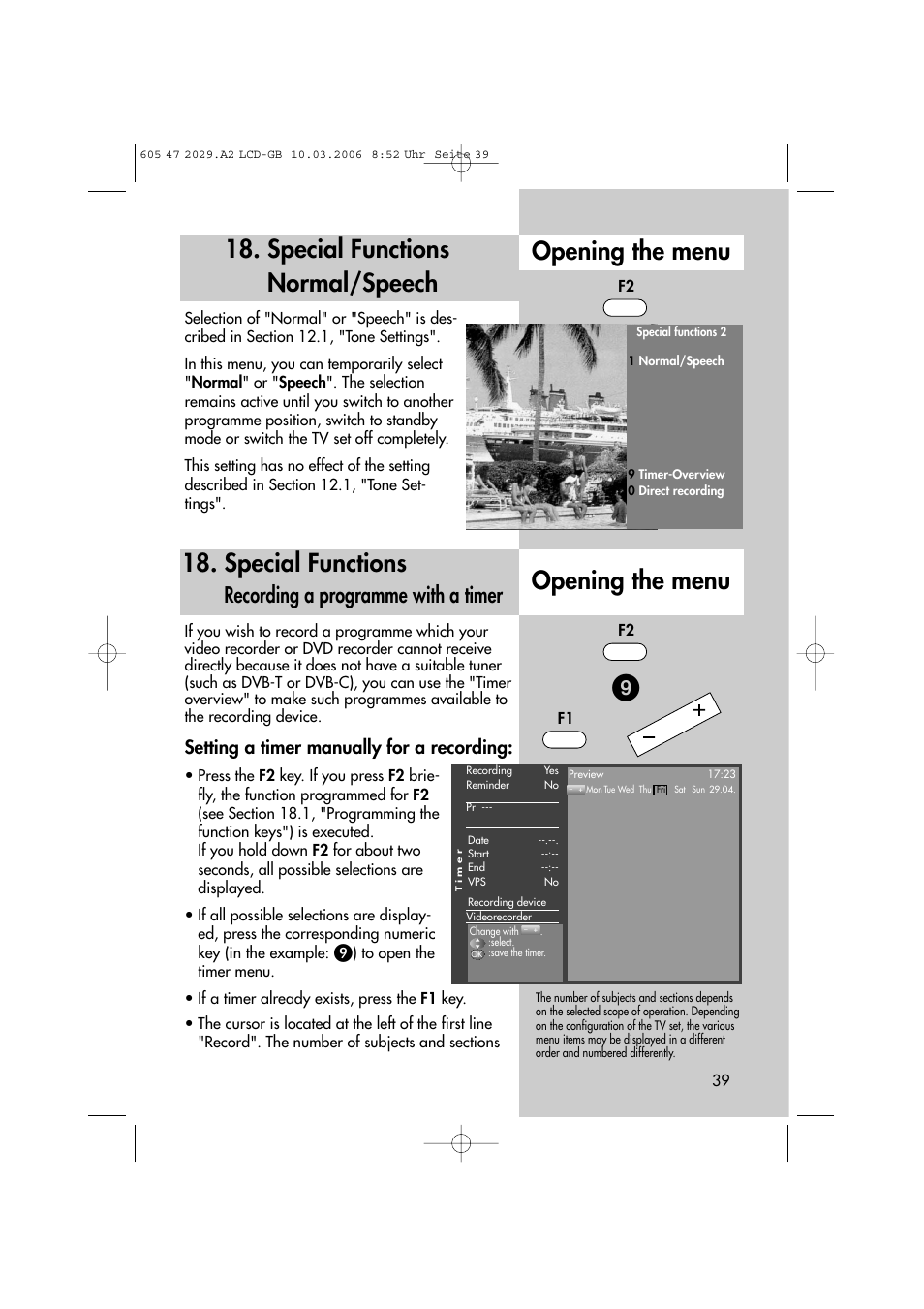 Special functions, Recording a programme with a timer, Setting a timer manually for a recording | Metz Plasma-TV-Set User Manual | Page 39 / 110