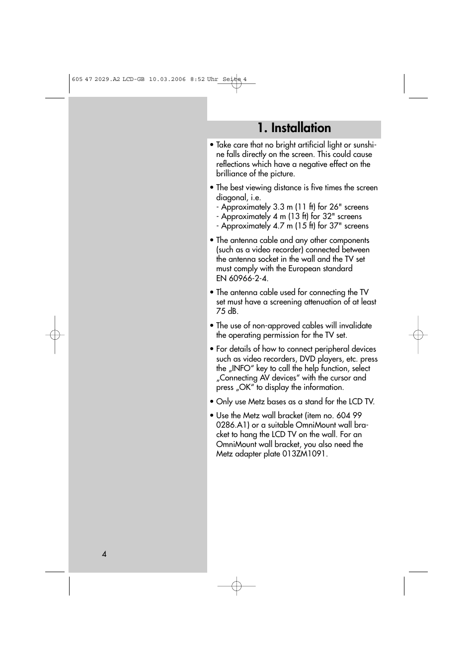 Installation | Metz Plasma-TV-Set User Manual | Page 4 / 110