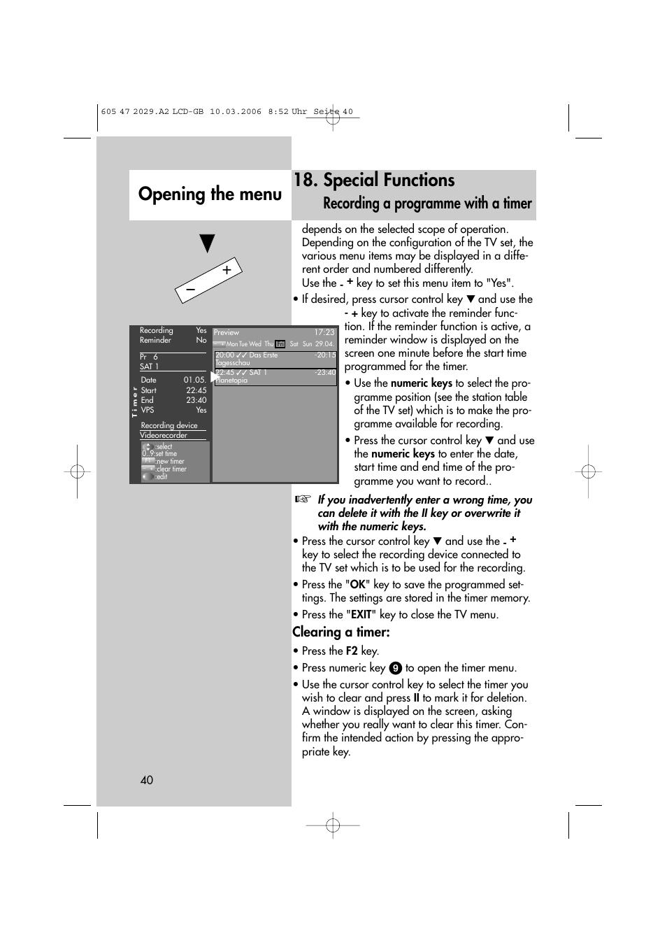 Special functions, Opening the menu, Recording a programme with a timer | Clearing a timer | Metz Plasma-TV-Set User Manual | Page 40 / 110