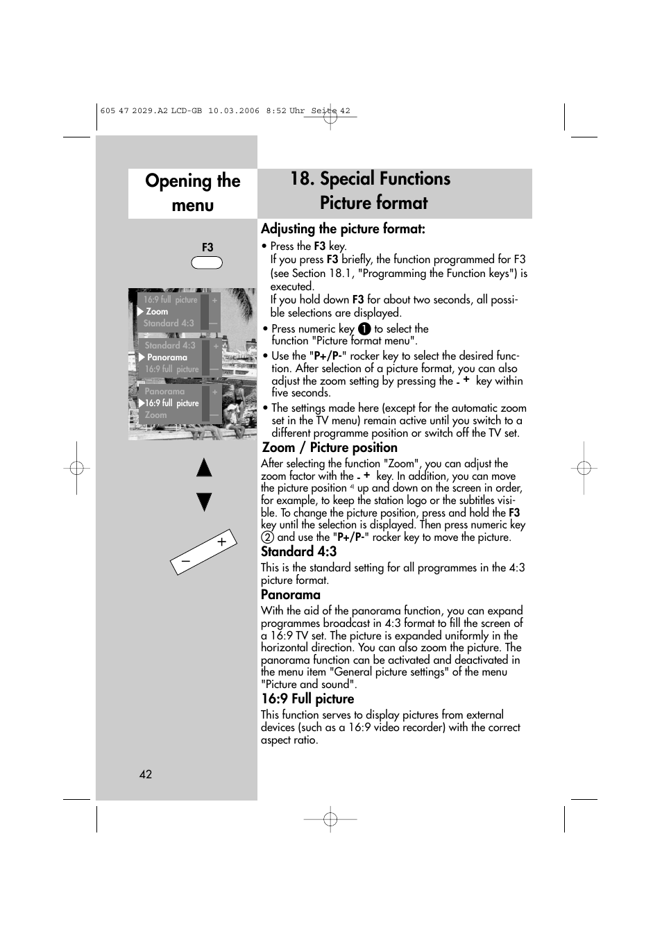 Special functions picture format opening the menu | Metz Plasma-TV-Set User Manual | Page 42 / 110