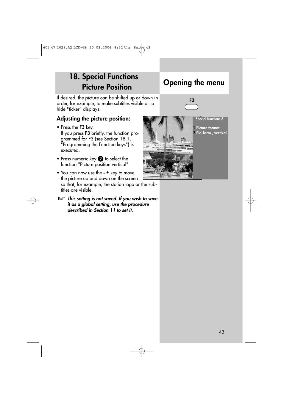 Special functions picture position, Opening the menu | Metz Plasma-TV-Set User Manual | Page 43 / 110