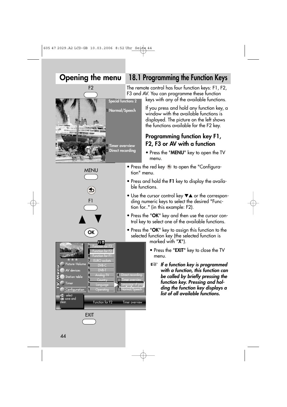 1 programming the function keys opening the menu | Metz Plasma-TV-Set User Manual | Page 44 / 110