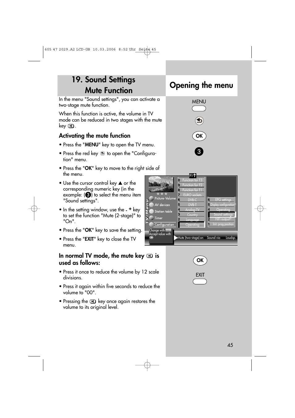 Sound settings mute function opening the menu, Activating the mute function | Metz Plasma-TV-Set User Manual | Page 45 / 110