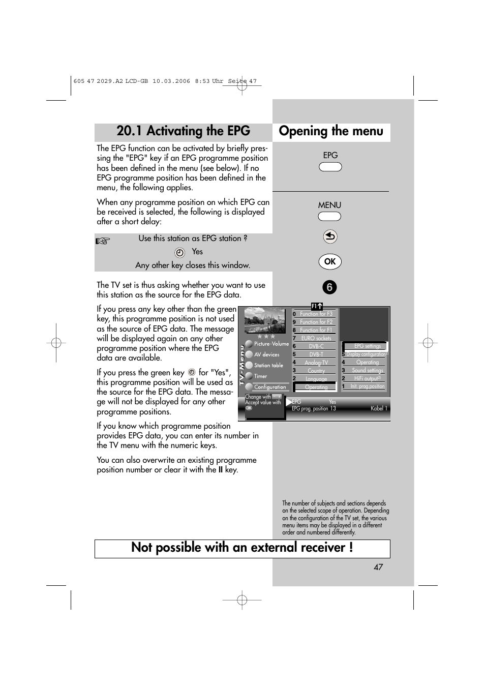 1 activating the epg, Opening the menu, Not possible with an external receiver | Metz Plasma-TV-Set User Manual | Page 47 / 110