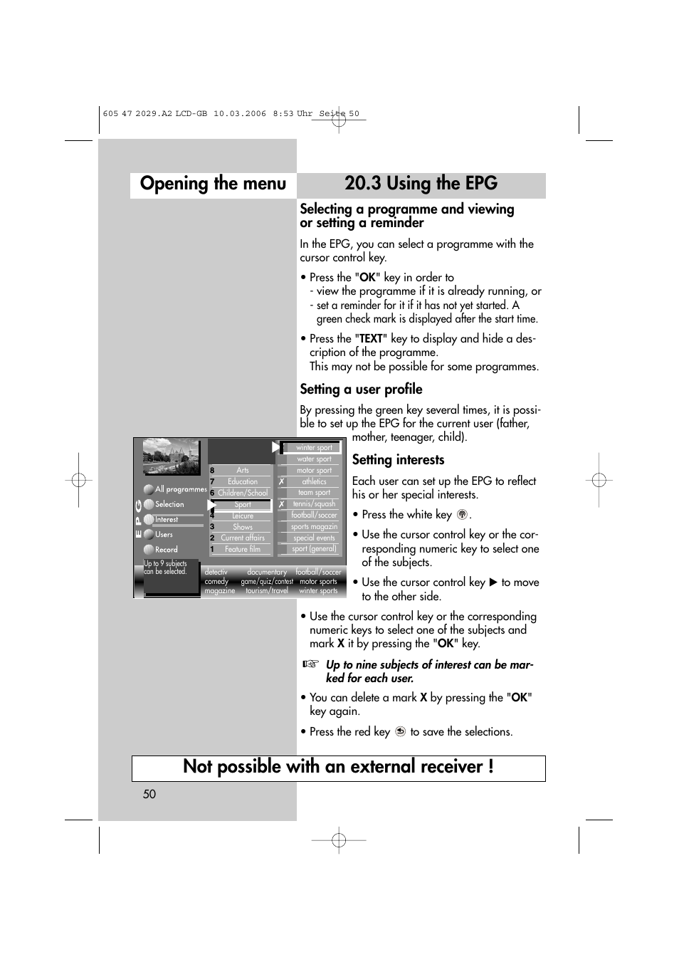 3 using the epg, Setting a user profile, Setting interests | Metz Plasma-TV-Set User Manual | Page 50 / 110