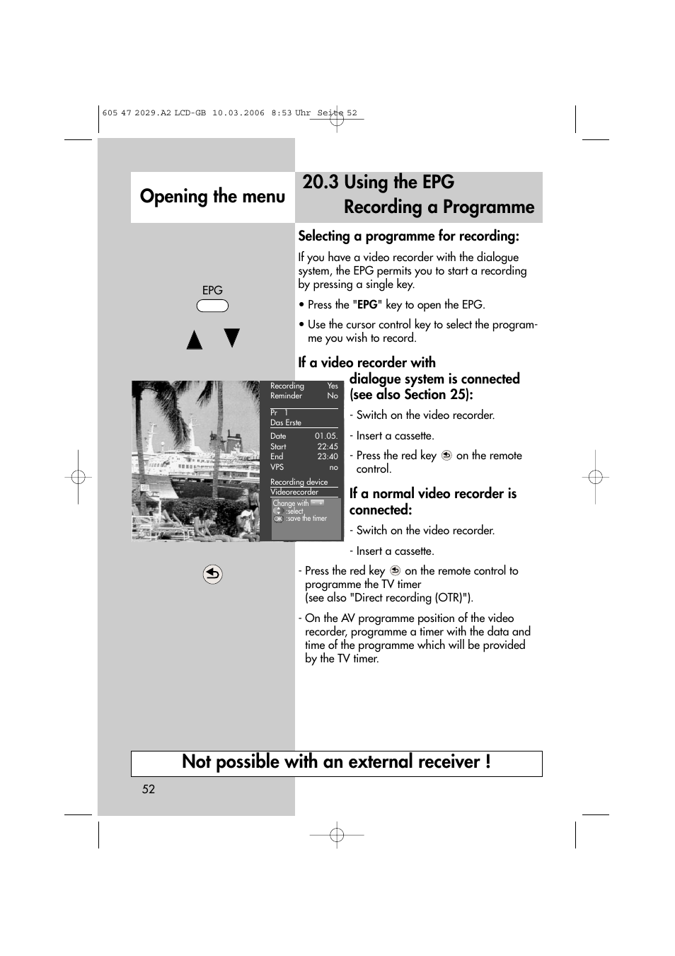 3 using the epg recording a programme, Selecting a programme for recording, If a normal video recorder is connected | Metz Plasma-TV-Set User Manual | Page 52 / 110