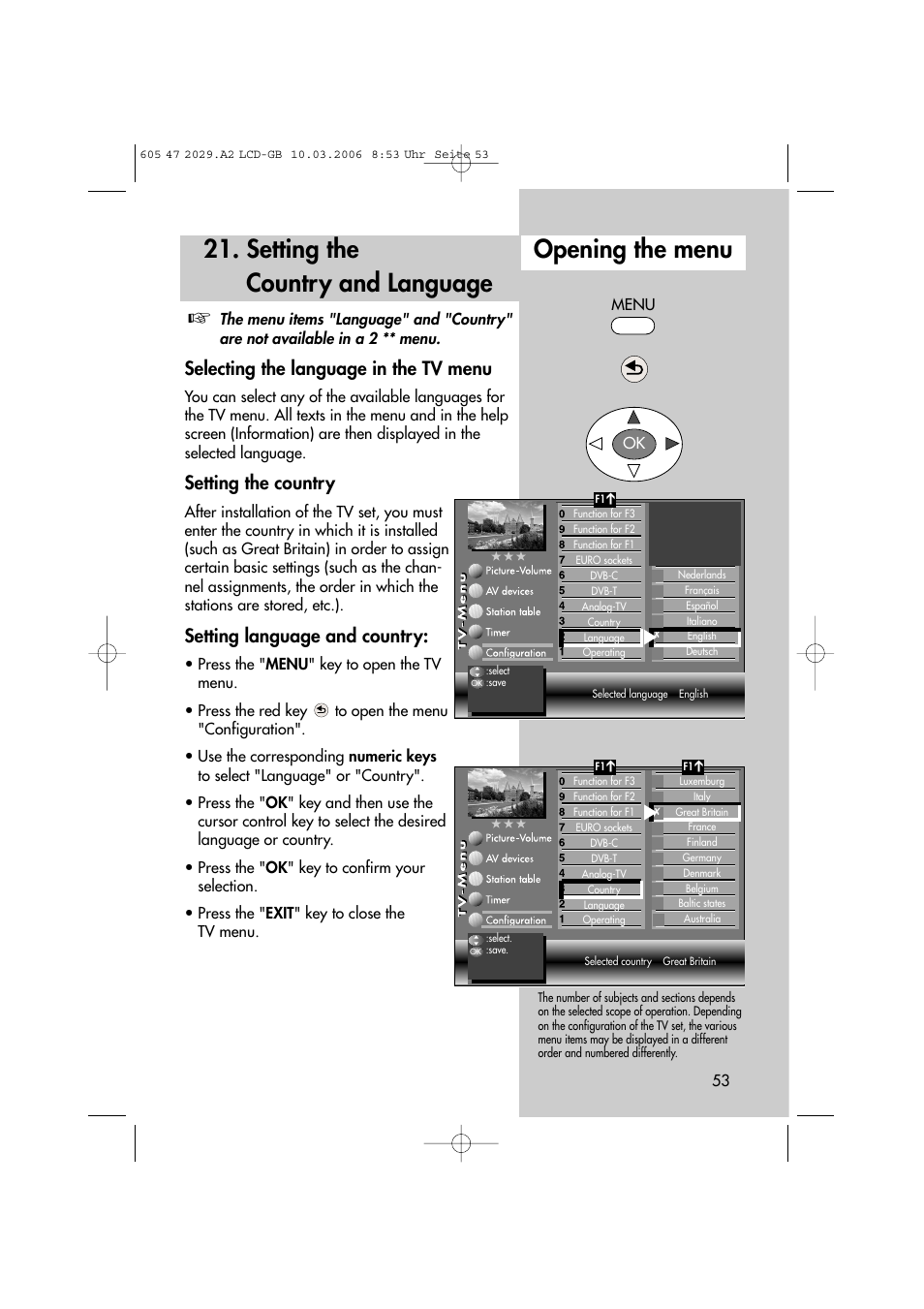 Setting the country and language, Opening the menu, Selecting the language in the tv menu | Setting the country, Setting language and country | Metz Plasma-TV-Set User Manual | Page 53 / 110