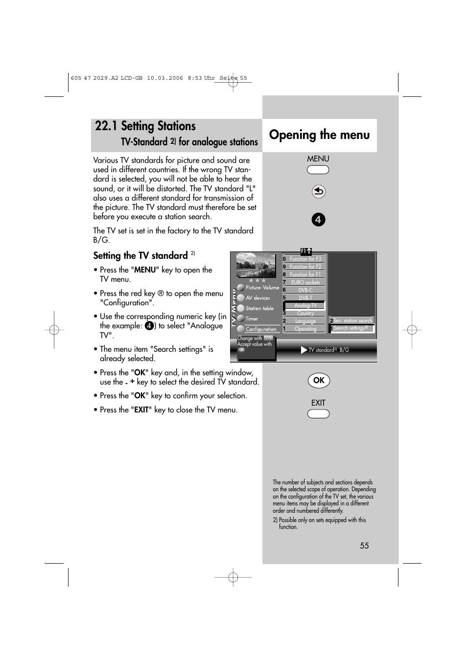 Opening the menu 22.1 setting stations, Tv-standard, For analogue stations | Setting the tv standard | Metz Plasma-TV-Set User Manual | Page 55 / 110