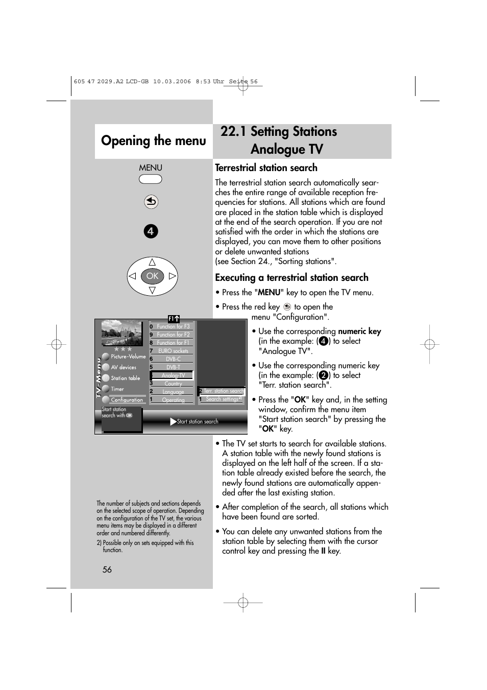 Opening the menu 22.1 setting stations analogue tv, Terrestrial station search, Executing a terrestrial station search | Metz Plasma-TV-Set User Manual | Page 56 / 110
