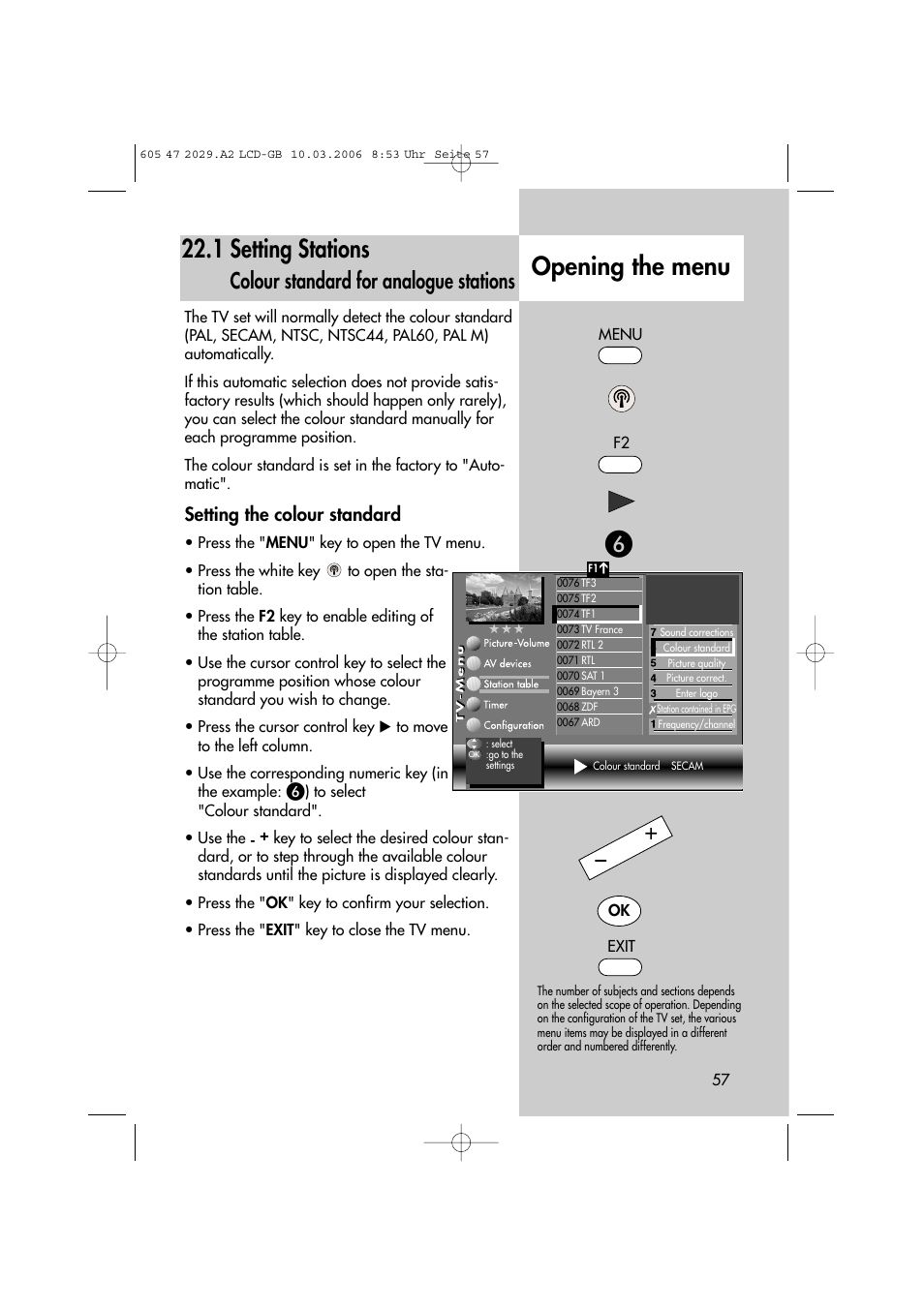 Opening the menu 22.1 setting stations, Colour standard for analogue stations, Setting the colour standard | Metz Plasma-TV-Set User Manual | Page 57 / 110