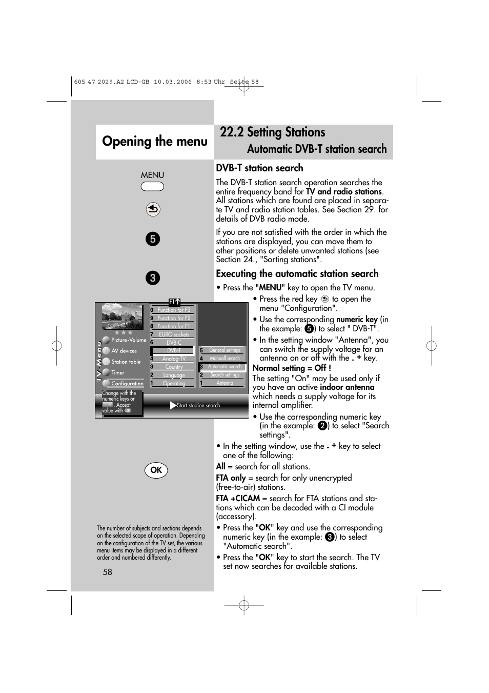 2 setting stations, Opening the menu, Automatic dvb-t station search | Dvb-t station search, Executing the automatic station search | Metz Plasma-TV-Set User Manual | Page 58 / 110