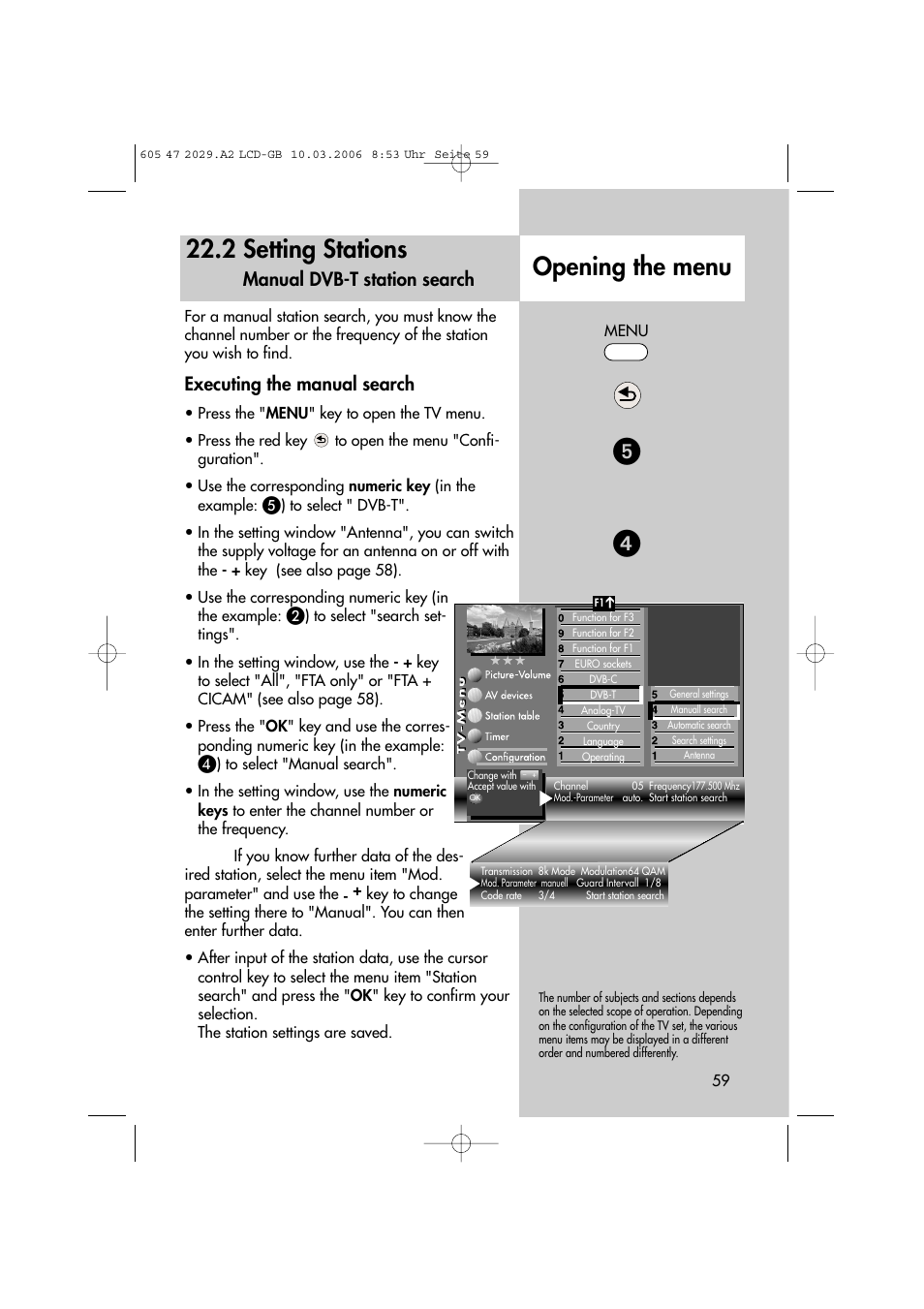 2 setting stations, Opening the menu, Executing the manual search | Manual dvb-t station search | Metz Plasma-TV-Set User Manual | Page 59 / 110