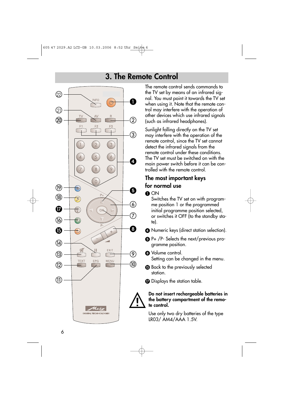 The remote control | Metz Plasma-TV-Set User Manual | Page 6 / 110