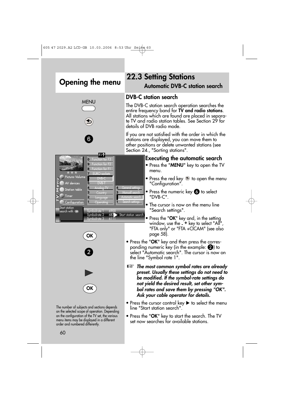 3 setting stations, Opening the menu, Dvb-c station search | Executing the automatic search, Automatic dvb-c station search | Metz Plasma-TV-Set User Manual | Page 60 / 110