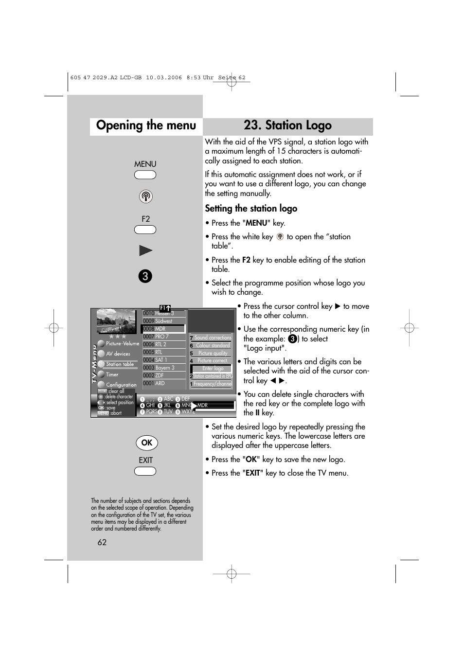 Station logo, Opening the menu, Setting the station logo | Metz Plasma-TV-Set User Manual | Page 62 / 110