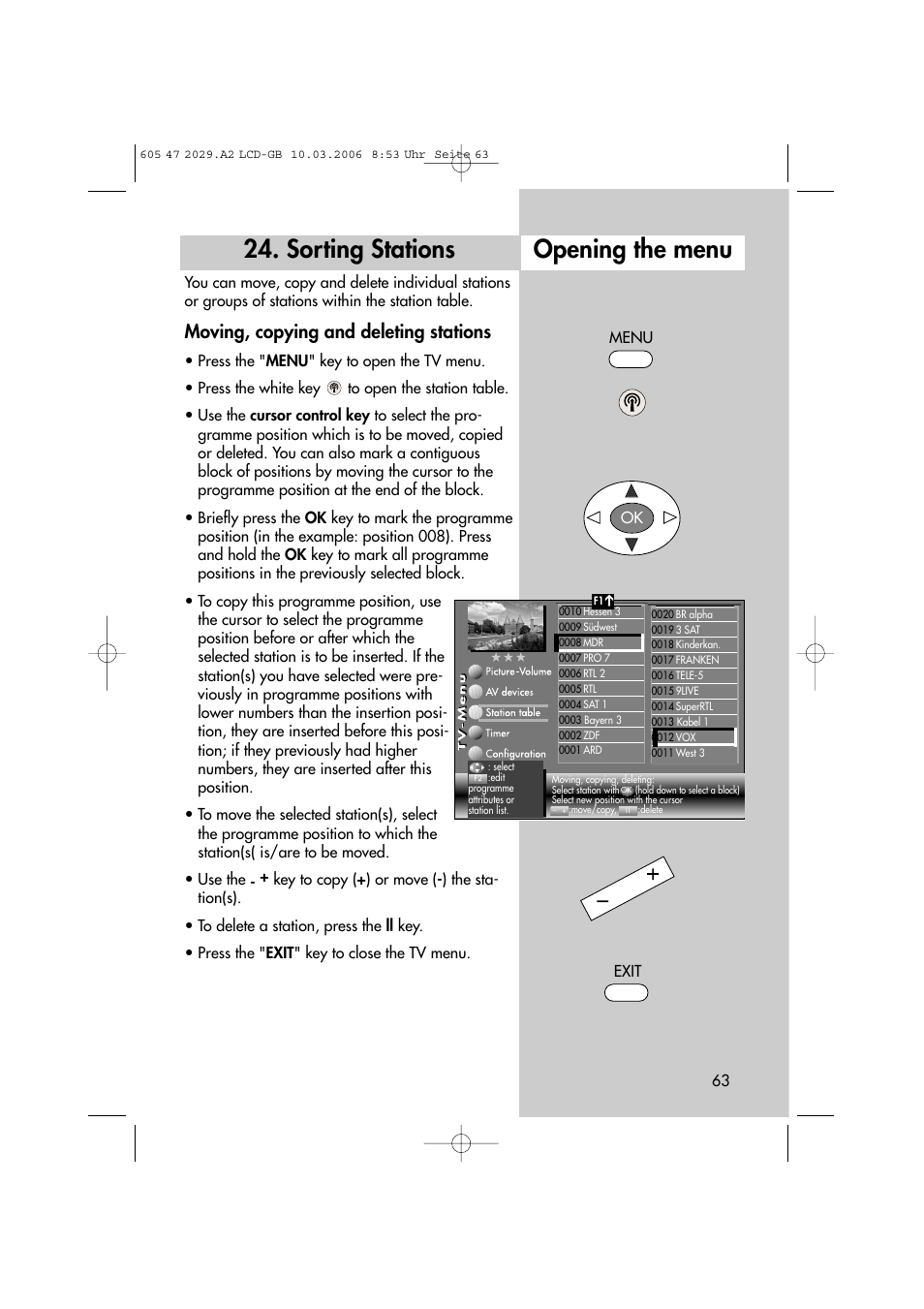 Sorting stations, Opening the menu, Moving, copying and deleting stations | Menu ok, Exit | Metz Plasma-TV-Set User Manual | Page 63 / 110