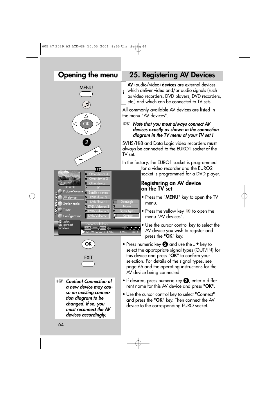 Registering av devices opening the menu, Registering an av device on the tv set | Metz Plasma-TV-Set User Manual | Page 64 / 110